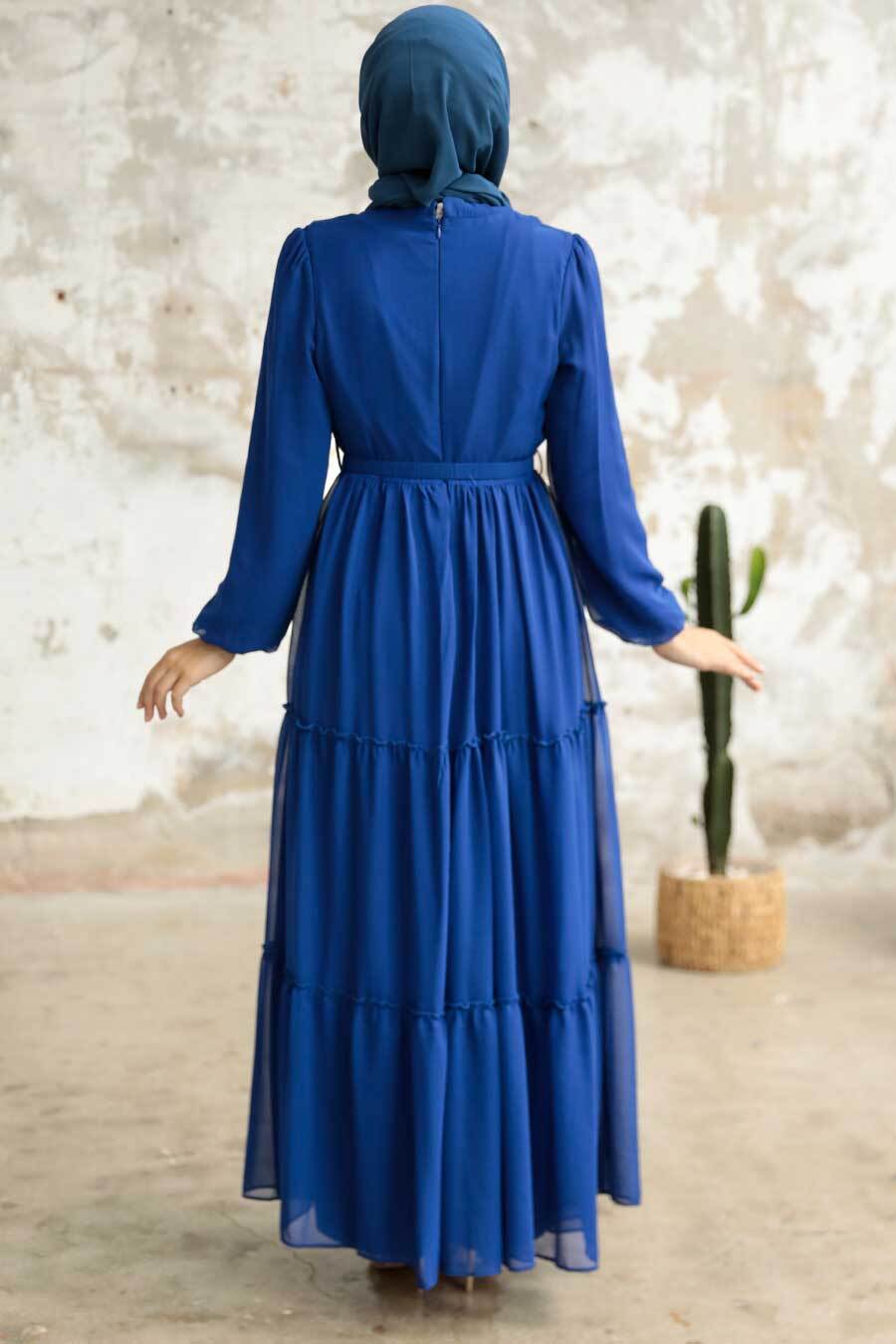 Neva Style - Kat Piliseli Sax Mavisi Tesettür Elbise 57250SX