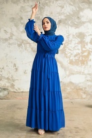 Neva Style - Kat Piliseli Sax Mavisi Tesettür Elbise 57970SX - Thumbnail