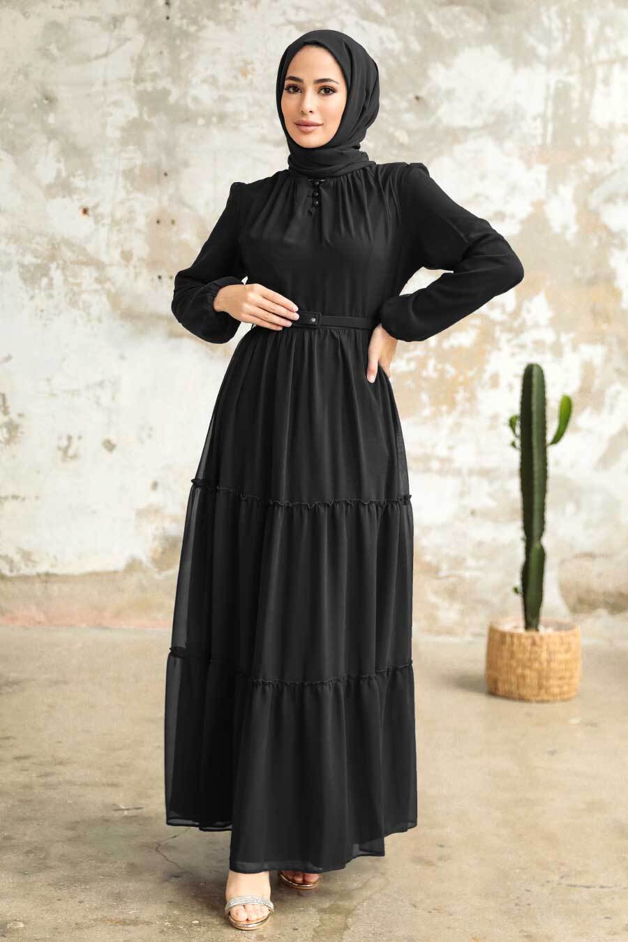 Neva Style - Kat Piliseli Siyah Tesettür Elbise 57250S