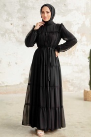 Neva Style - Kat Piliseli Siyah Tesettür Elbise 57970S - Thumbnail
