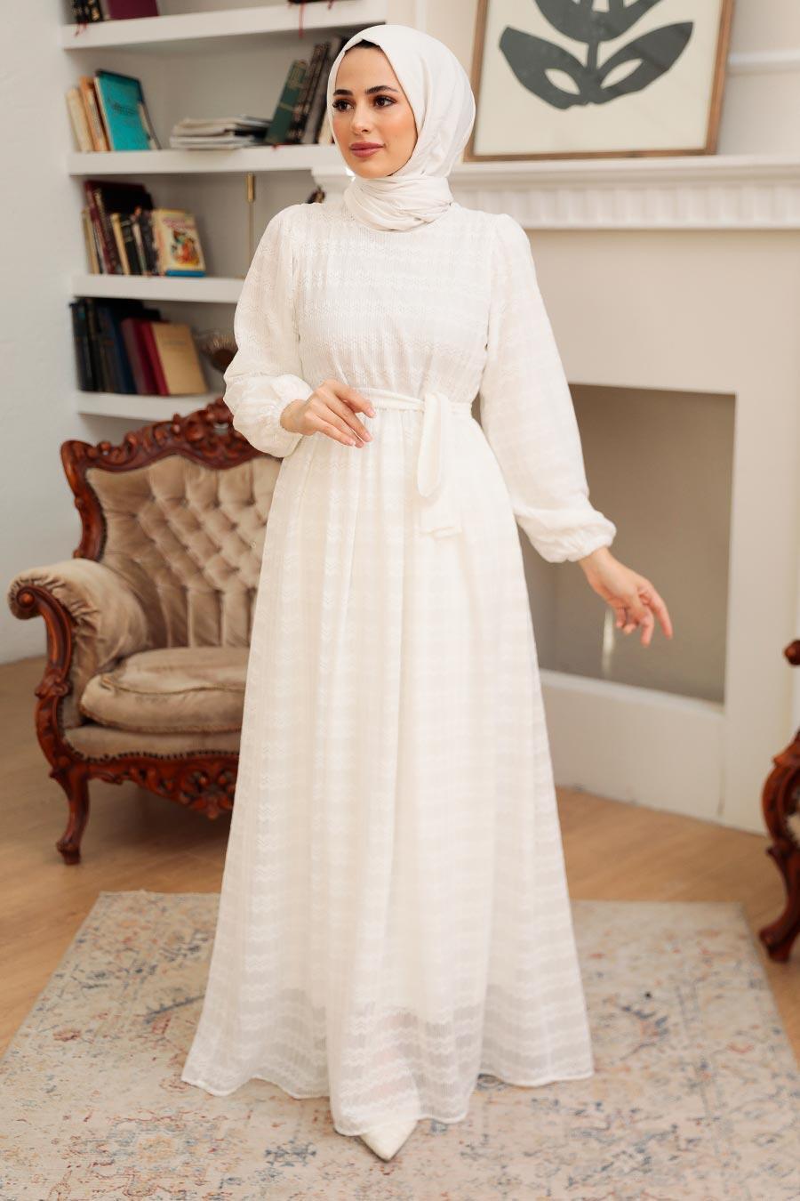 Neva Style - Kemerli Beyaz Tesettür Elbise 10404B