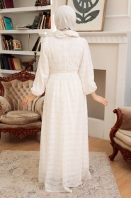 Neva Style - Kemerli Beyaz Tesettür Elbise 10404B - Thumbnail