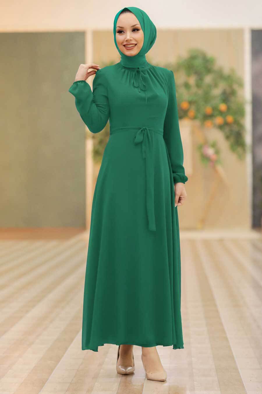 Neva Style - Kemerli Çağla Yeşili Tesettür Elbise 27922CY