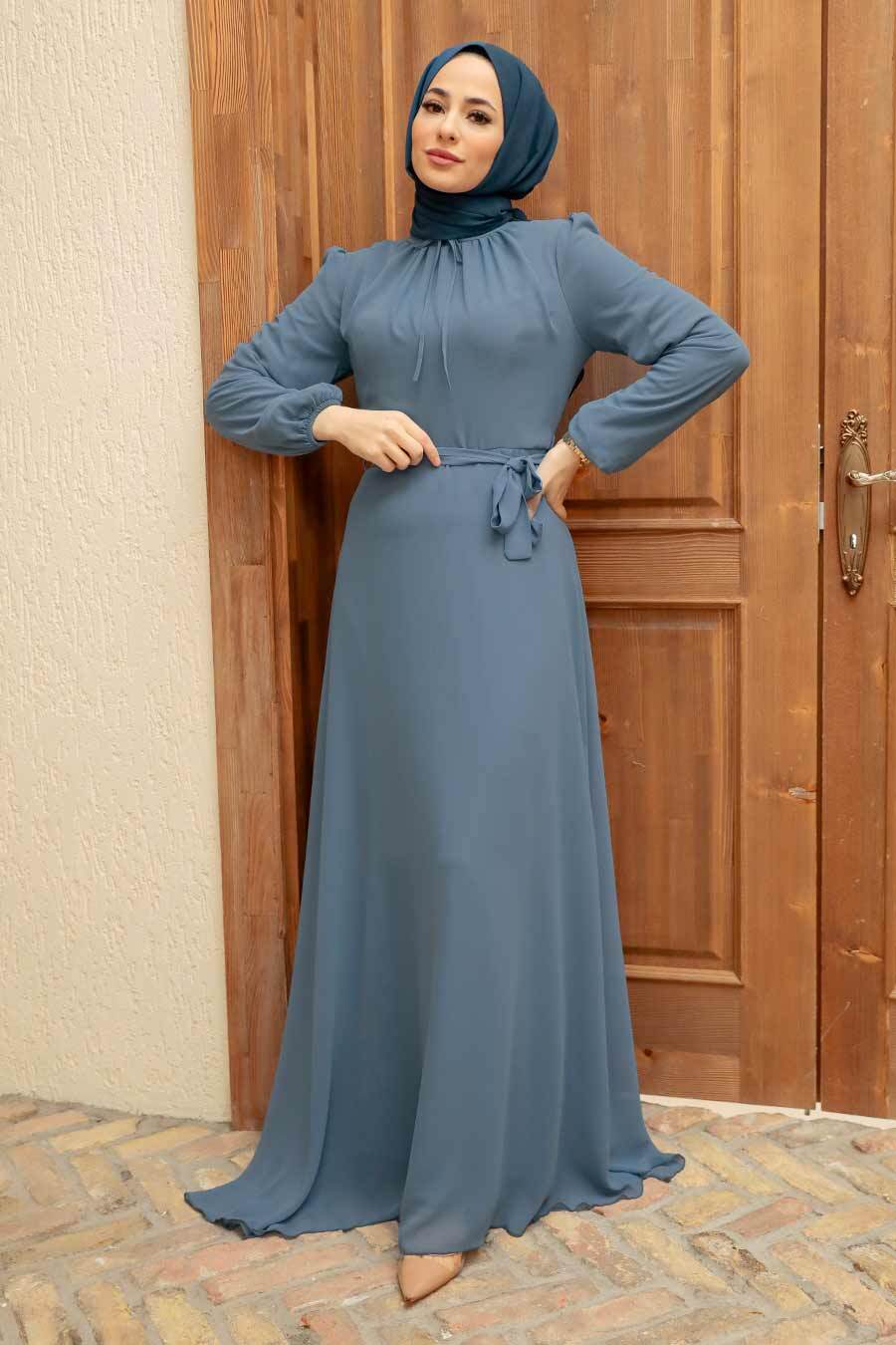 Neva Style - Kemerli İndigo Mavisi Tesettür Elbise 27922IM