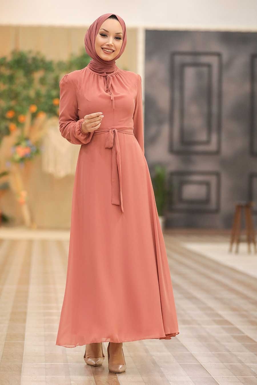 Neva Style - Kemerli Koyu Somon Tesettür Elbise 27922KSMN