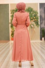 Neva Style - Kemerli Koyu Somon Tesettür Elbise 27922KSMN - Thumbnail