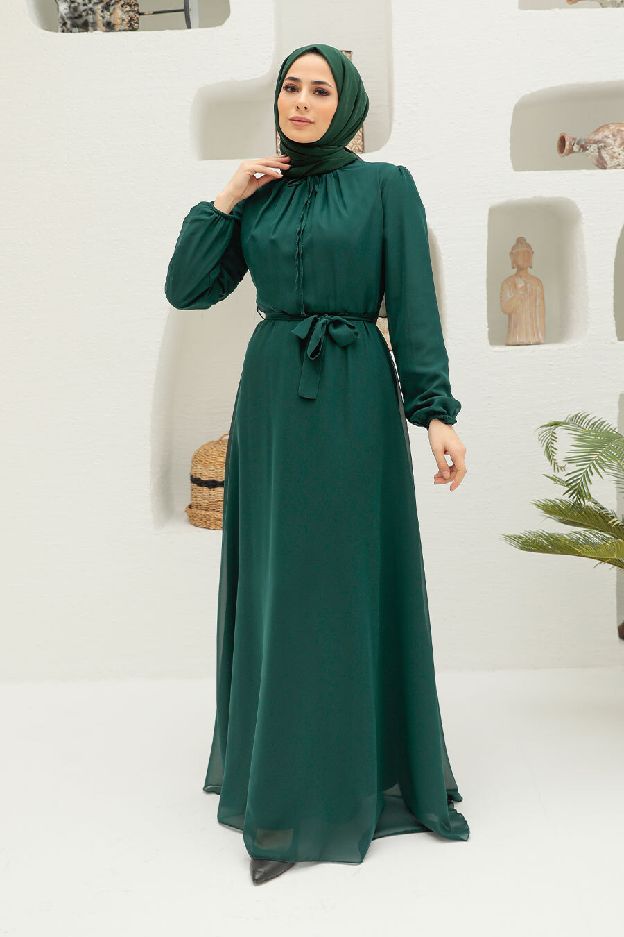 Neva Style - Kemerli Koyu Yeşil Tesettür Elbise 27922KY