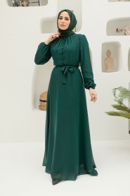 Neva Style - Kemerli Koyu Yeşil Tesettür Elbise 27922KY - Thumbnail