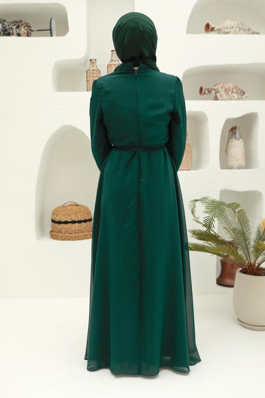 Neva Style - Kemerli Koyu Yeşil Tesettür Elbise 27922KY