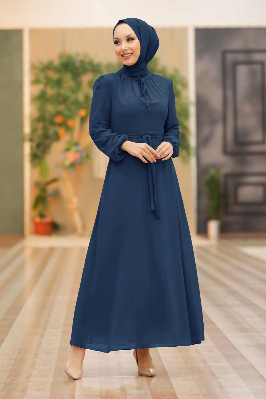 Neva Style - Kemerli Lacivert Tesettür Elbise 27922L