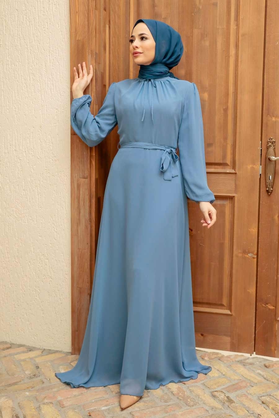 Neva Style - Kemerli Mavi Tesettür Elbise 27922M