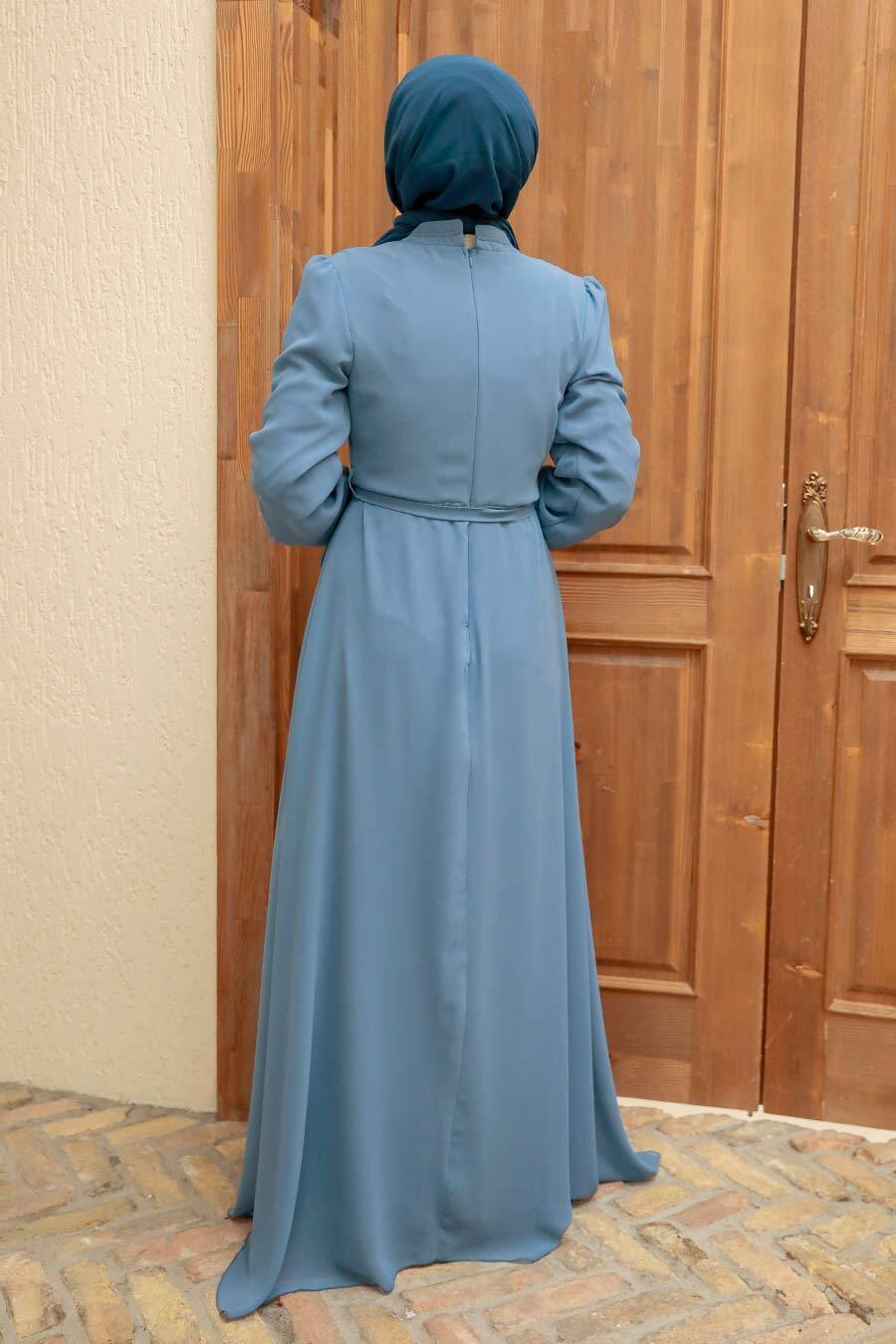 Neva Style - Kemerli Mavi Tesettür Elbise 27922M