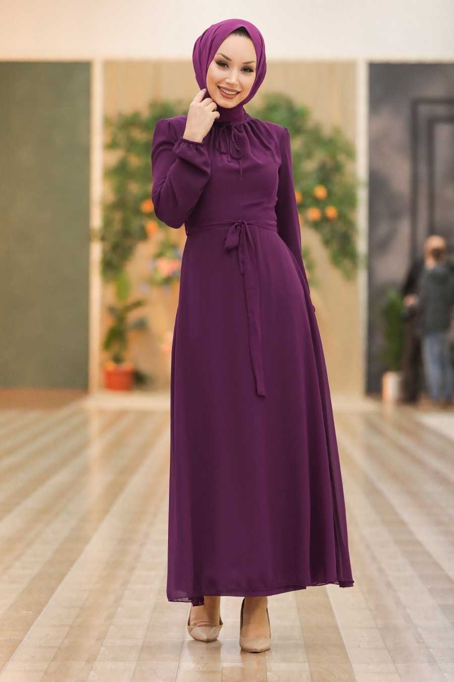 Neva Style - Kemerli Mor Tesettür Elbise 27922MOR