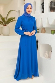 Neva Style - Kemerli Sax Mavisi Tesettür Elbise 27922SX - Thumbnail