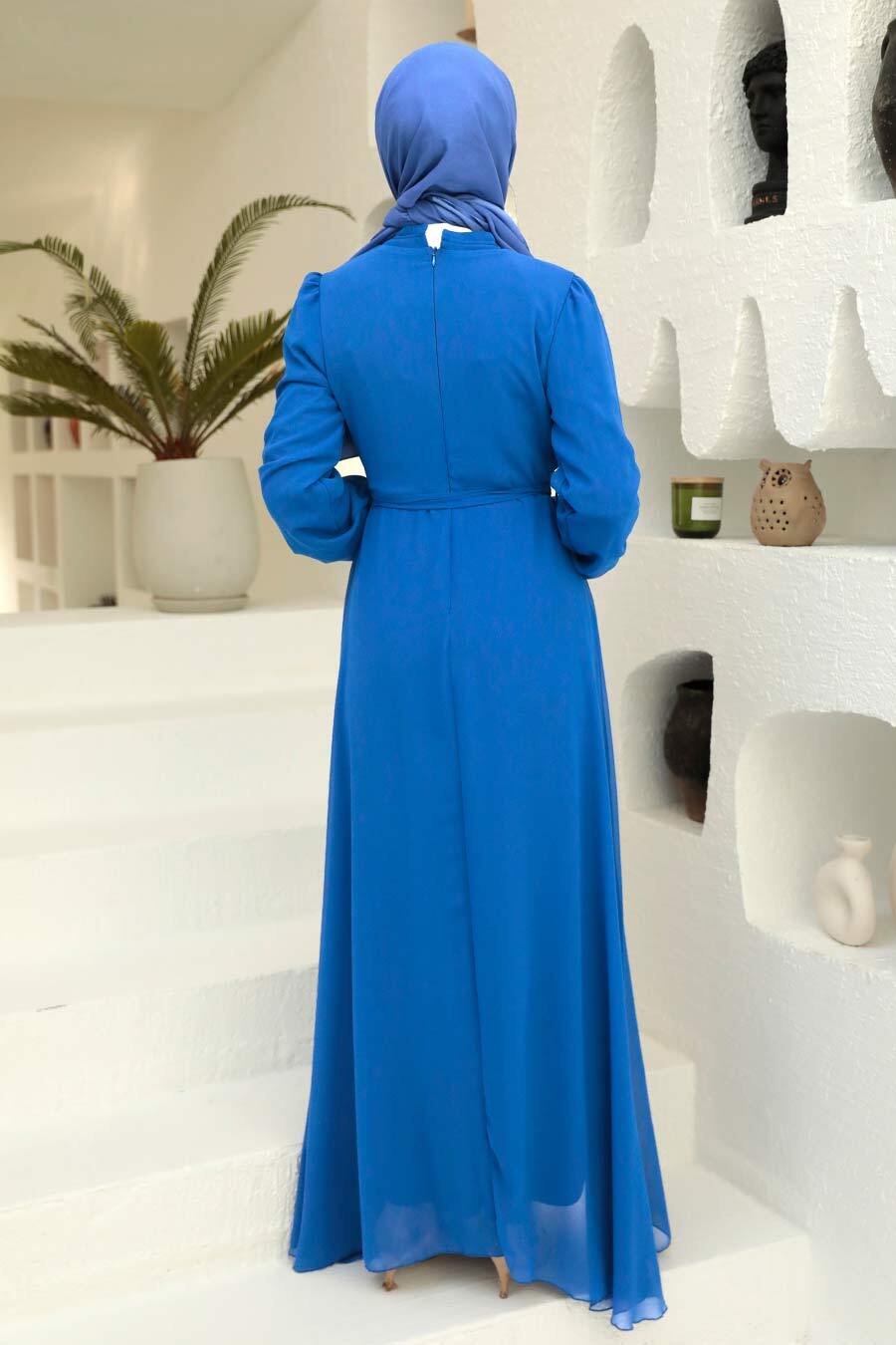 Neva Style - Kemerli Sax Mavisi Tesettür Elbise 27922SX