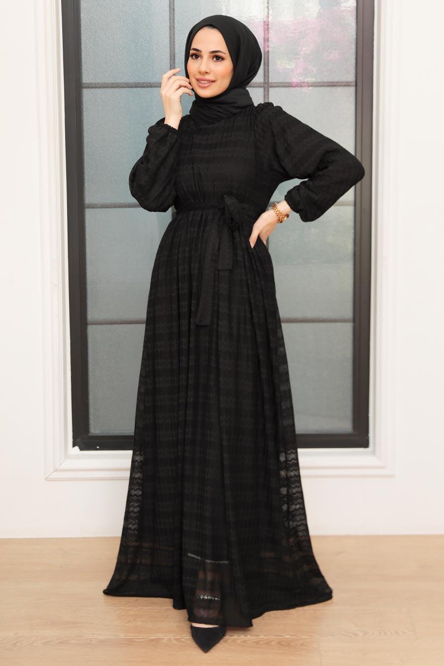 Neva Style - Kemerli Siyah Tesettür Elbise 10404S
