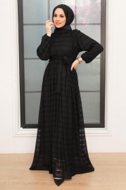 Neva Style - Kemerli Siyah Tesettür Elbise 10404S - Thumbnail