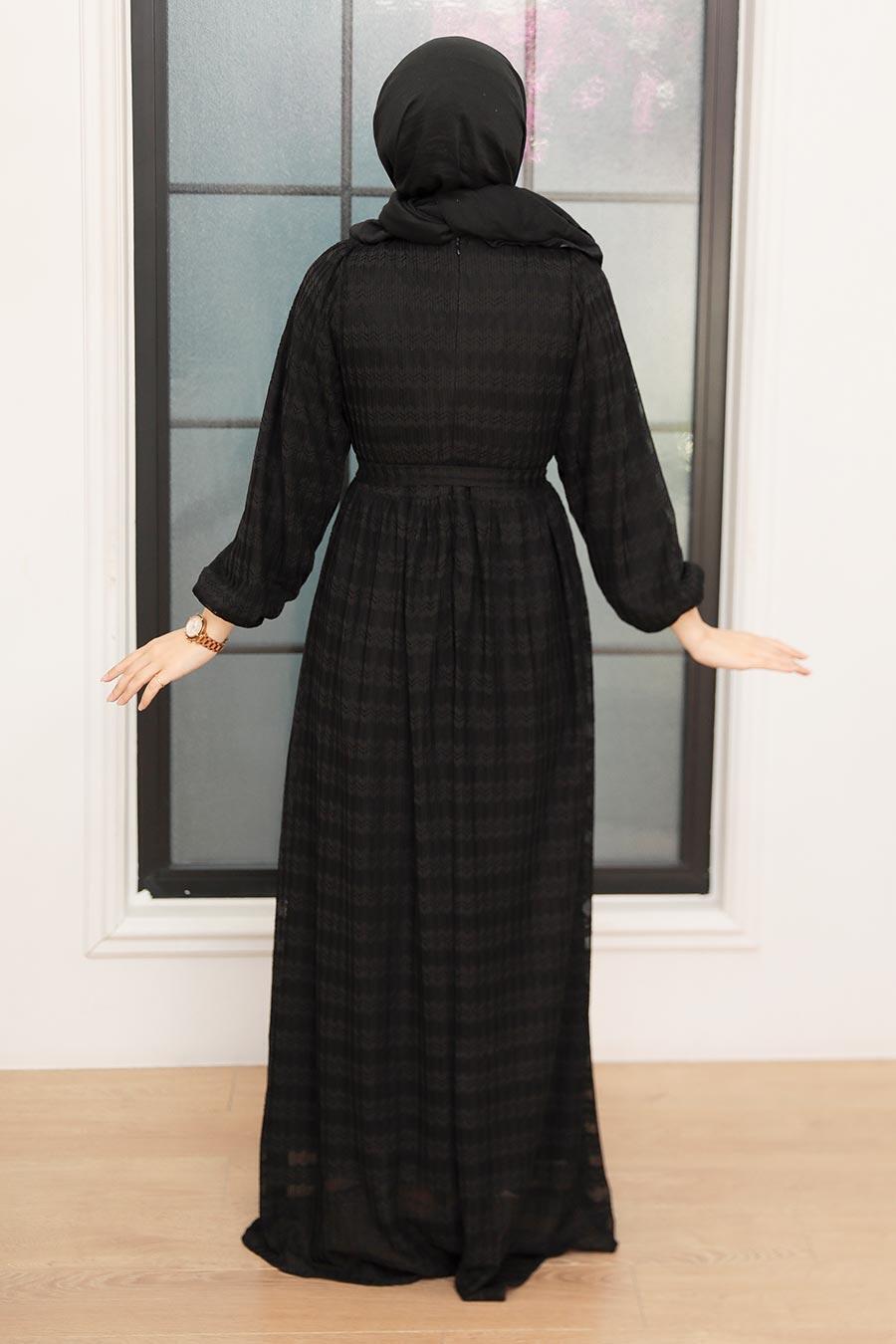 Neva Style - Kemerli Siyah Tesettür Elbise 10404S