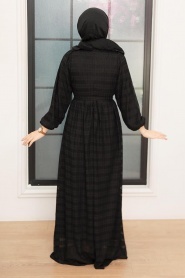 Neva Style - Kemerli Siyah Tesettür Elbise 10404S - Thumbnail