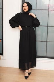 Neva Style - Kemerli Siyah Tesettür Elbise 15420S - Thumbnail