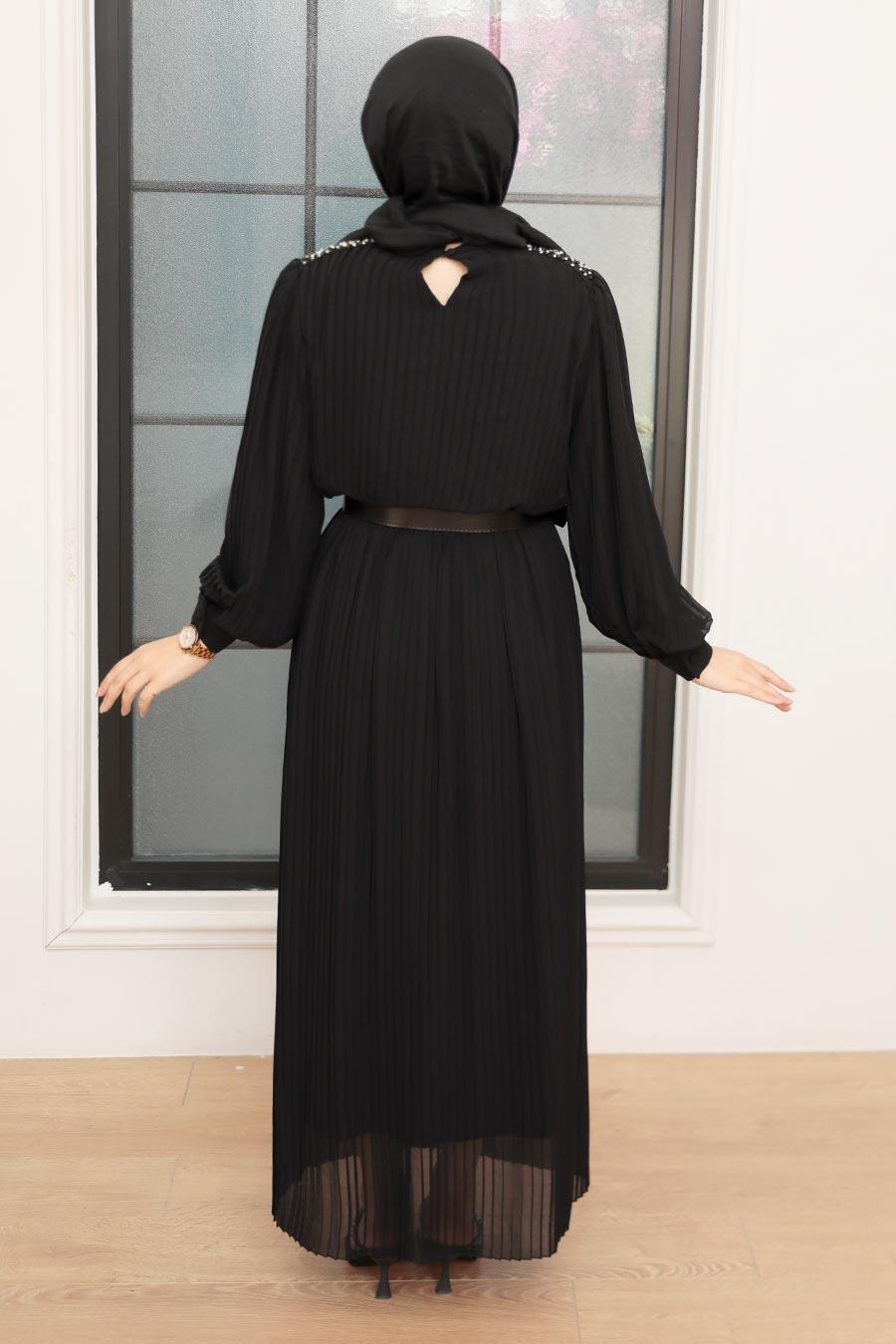 Neva Style - Kemerli Siyah Tesettür Elbise 15420S