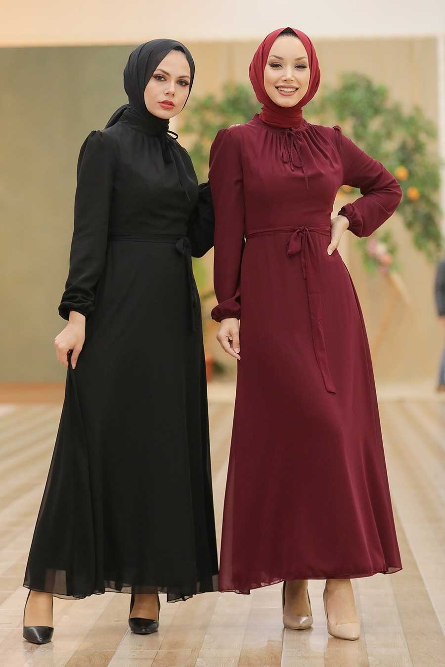 Neva Style - Kemerli Siyah Tesettür Elbise 27922S