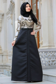 Neva Style - Kemerli Siyah Tesettürlü Abiye Elbise 30861S - Thumbnail