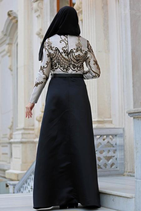 Neva Style - Kemerli Siyah Tesettürlü Abiye Elbise 30861S
