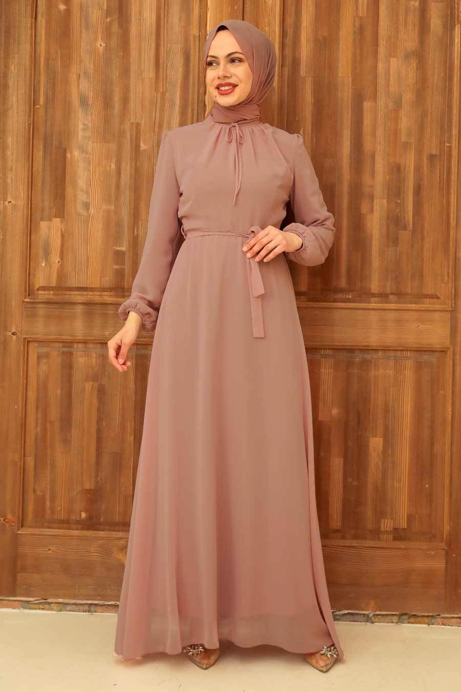Neva Style - Kemerli Somon Tesettür Elbise 27922SMN