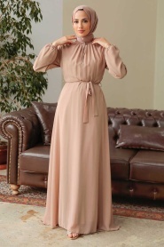 Neva Style - Kemerli Vizon Tesettür Elbise 27922V - Thumbnail
