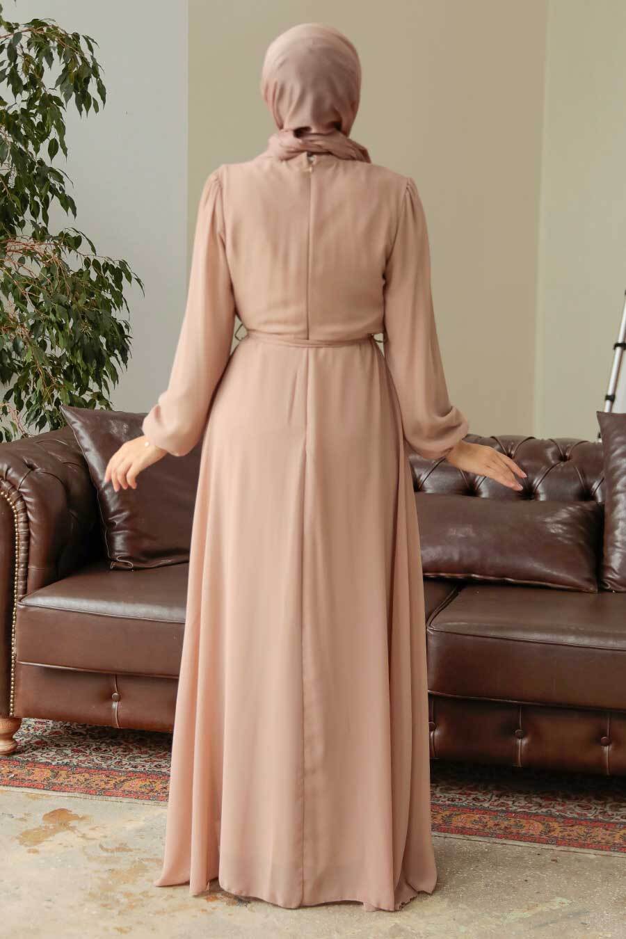 Neva Style - Kemerli Vizon Tesettür Elbise 27922V