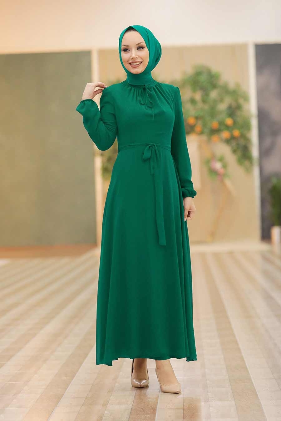 Neva Style - Kemerli Yeşil Tesettür Elbise 27922Y