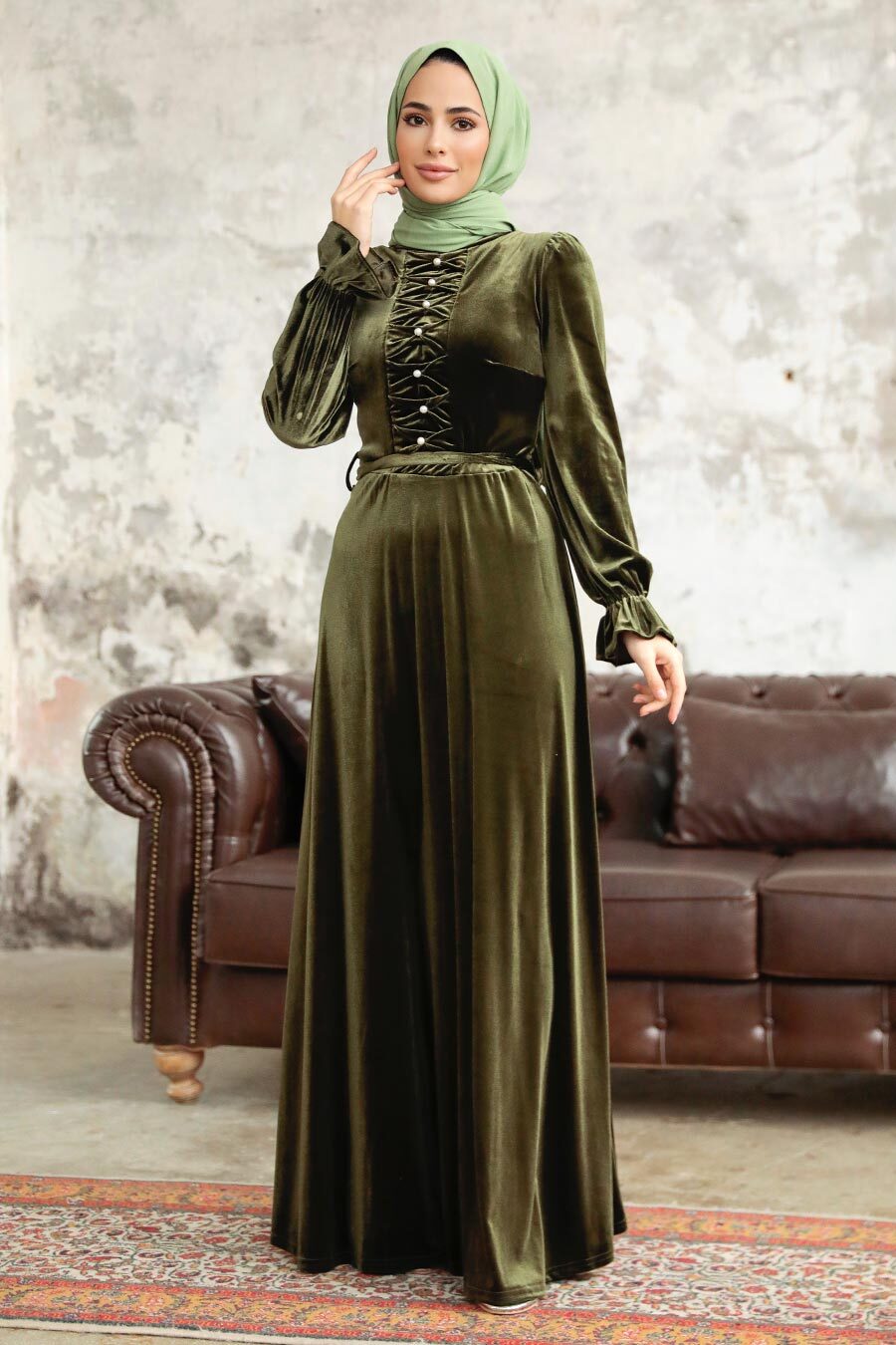 Neva Style - Khaki Velvet Hijab Maxi Dress 37091HK