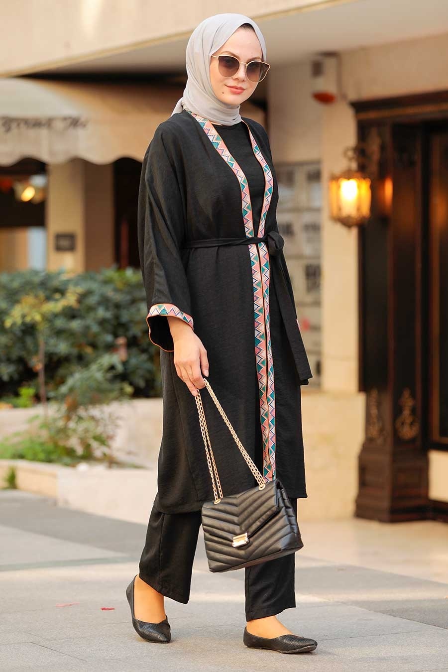 Neva Style - Kimono Siyah Tesettür Üçlü Takım 51910S