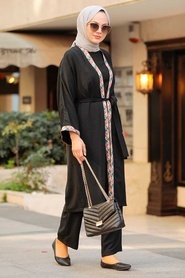 Neva Style - Kimono Siyah Tesettür Üçlü Takım 51910S - Thumbnail