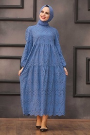 Neva Style - Kol Ucu Lastikli İndigo Mavisi Tesettür Elbise 1073IM - Thumbnail
