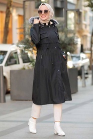 Neva Style - Kürklü Siyah Tesettür Parka 51015S - Thumbnail