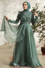 Neva Style - Long Almond Green Hijab Engagement Dress 3824CY - Thumbnail