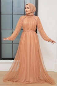 Neva Style - Long Biscuit Islamic Wedding Gown 22041BS - Thumbnail