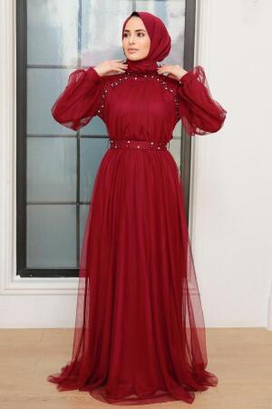 Neva Style - Long Claret Red Islamic Wedding Gown 22041BR - Thumbnail