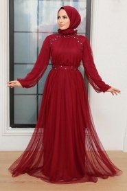 Neva Style - Long Claret Red Islamic Wedding Gown 22041BR - Thumbnail