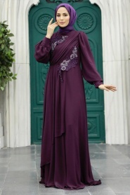 Neva Style - Long Plum Color Hijab Prom Dress 25838MU - Thumbnail