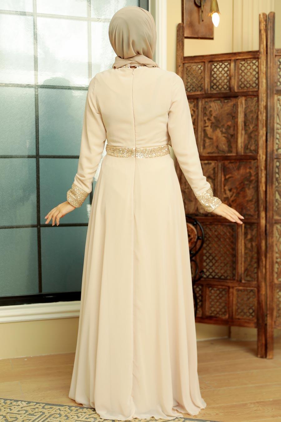 Neva Style - Long Sleeve Beige Muslim Bridal Dress 5793BEJ
