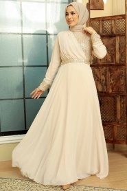 Neva Style - Long Sleeve Beige Muslim Bridal Dress 5793BEJ - Thumbnail