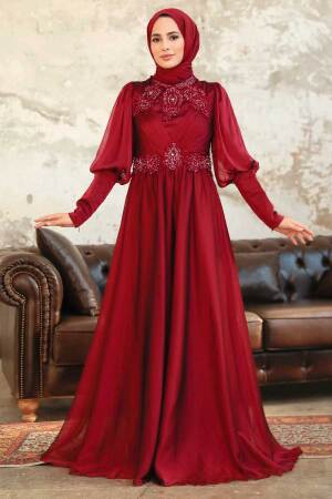 Neva Style - Long Sleeve Claret Red Muslim Evening Dress 25822BR - Thumbnail
