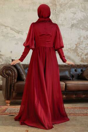 Neva Style - Long Sleeve Claret Red Muslim Evening Dress 25822BR - Thumbnail