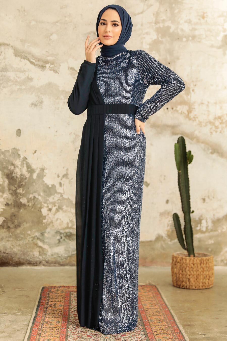 Neva Style - Long Sleeve Navy Blue Islamic Prom Dress 25851L