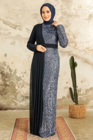 Neva Style - Long Sleeve Navy Blue Islamic Prom Dress 25851L - Thumbnail