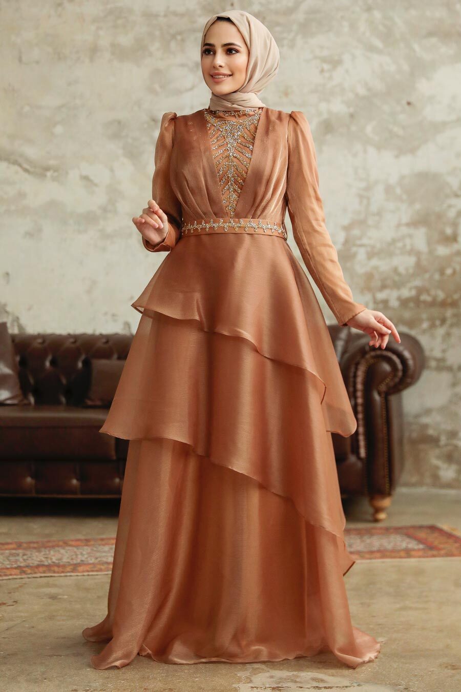 Neva Style - Luxorious Camel Islamic Clothing Evening Dress 38221C