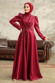 Neva Style - Luxorious Claret Red Islamic Evening Dress 3915BR - Thumbnail